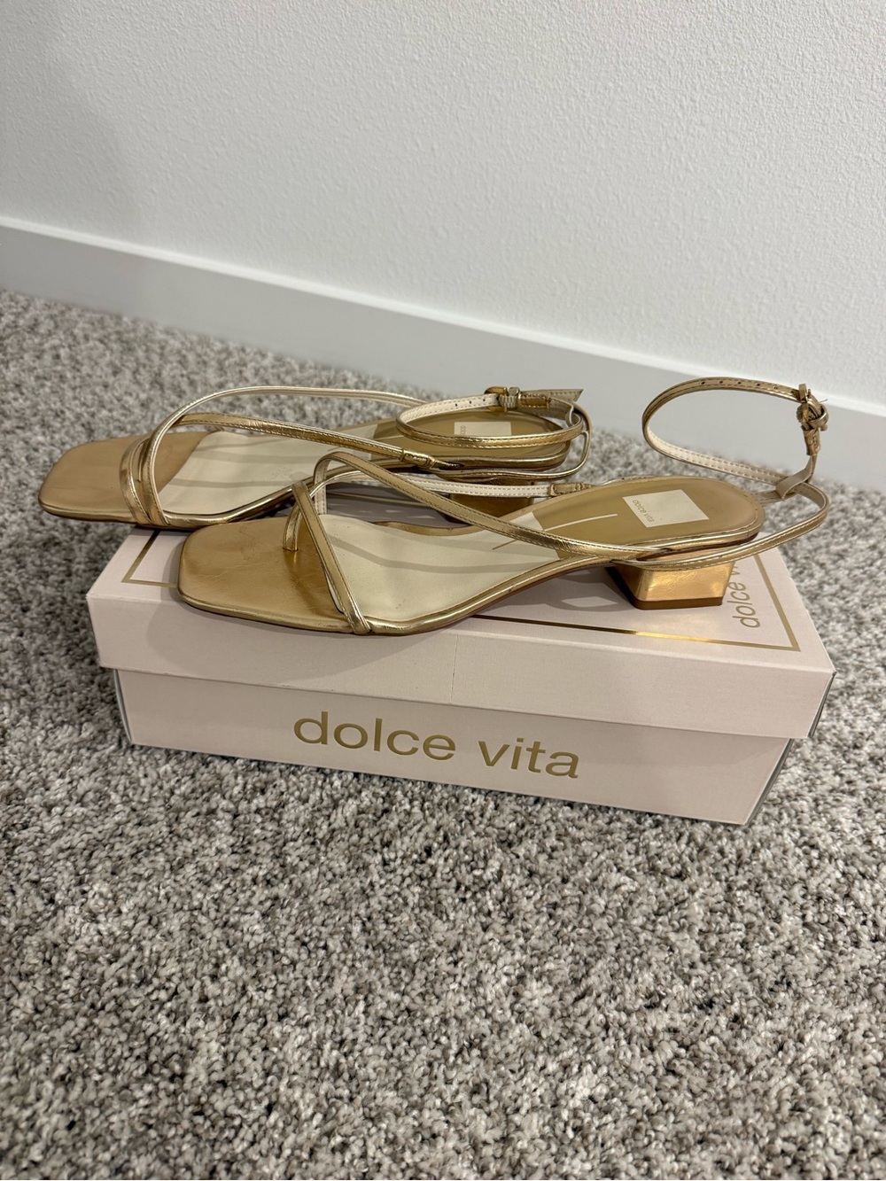 Dolce Vita Gold Metallic Strappy Low Block Heel Sandals